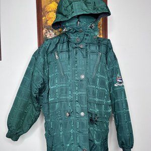 Black Bear Hooded Ski Snow Jacket Coat Women’s 12 Teal Plaid Pockets Winter VTG